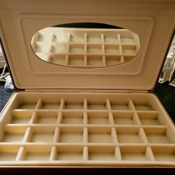 Red Velour Vintage Jewelry Storage Box w/ Gold Trim: Inner Mirror, 24 Compmts. - Picture 2 of 7